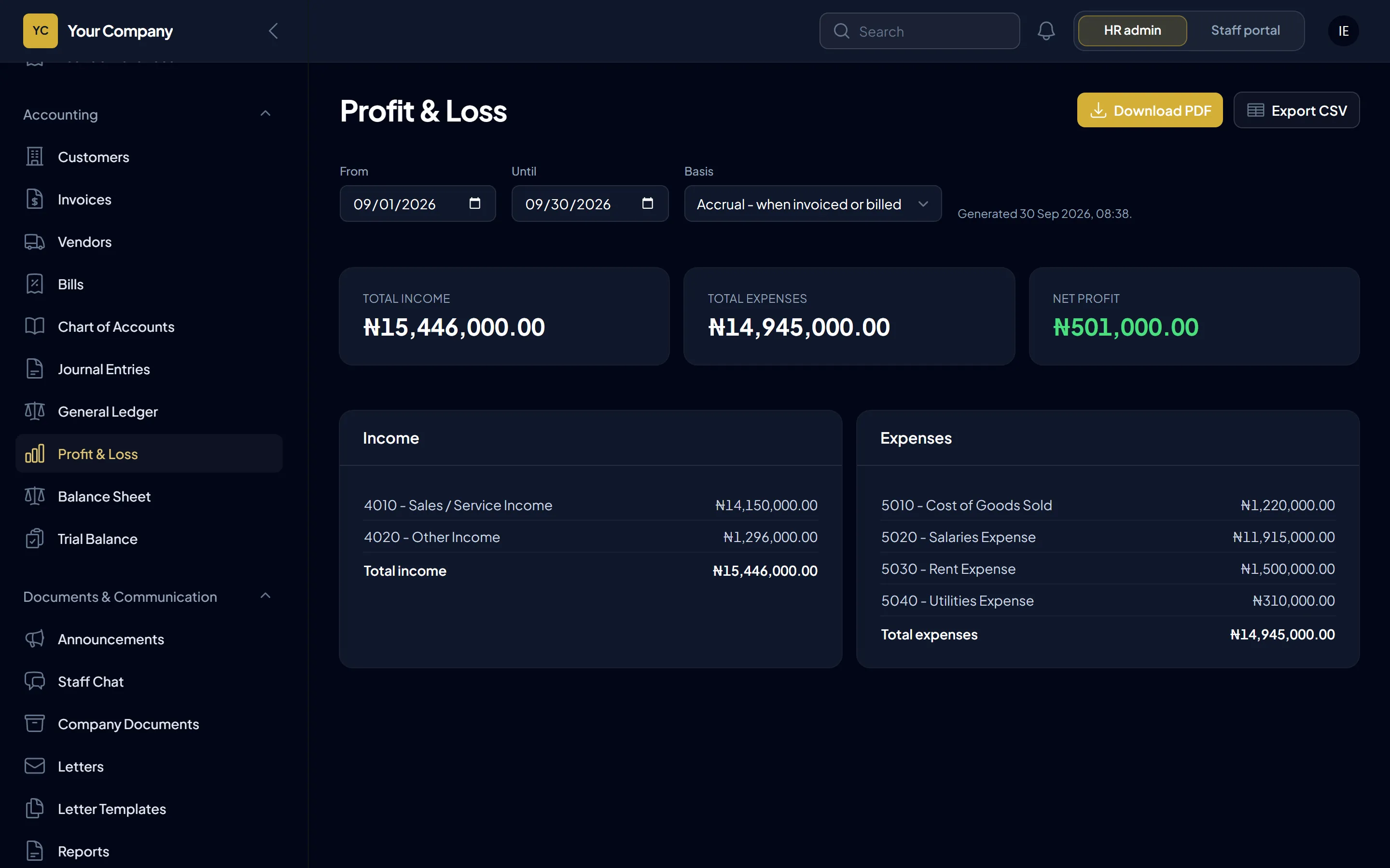 The Profit and Loss report with income and expenses for the month, an accrual or cash basis choice, and PDF and CSV downloads