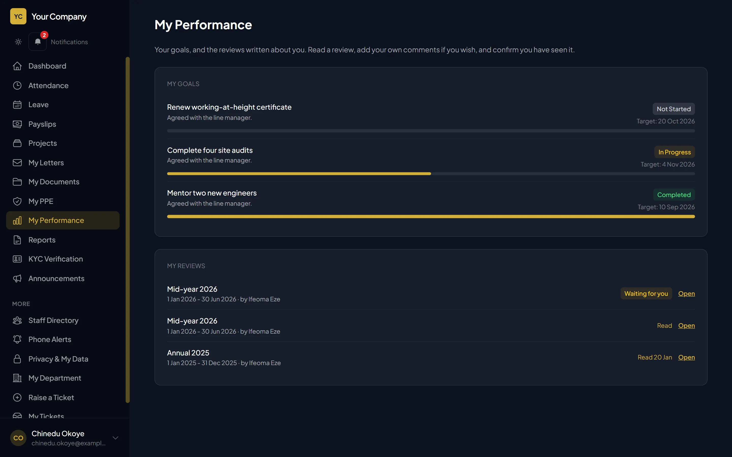 A staff member's goals with progress bars and the reviews written about them