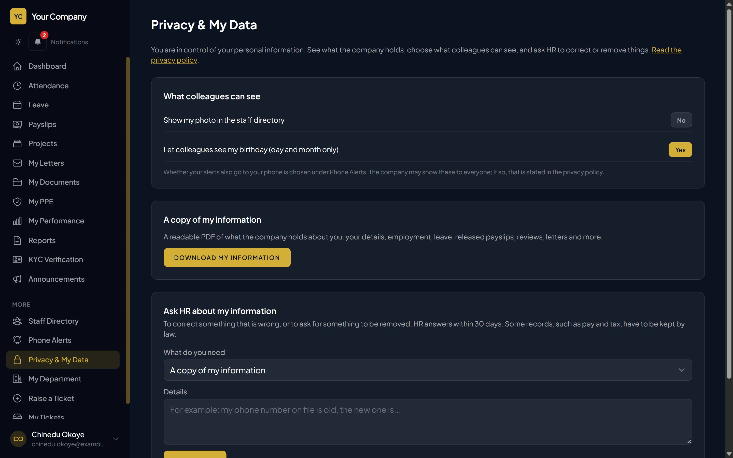 The privacy page where staff choose what colleagues see, download their information and send requests to HR