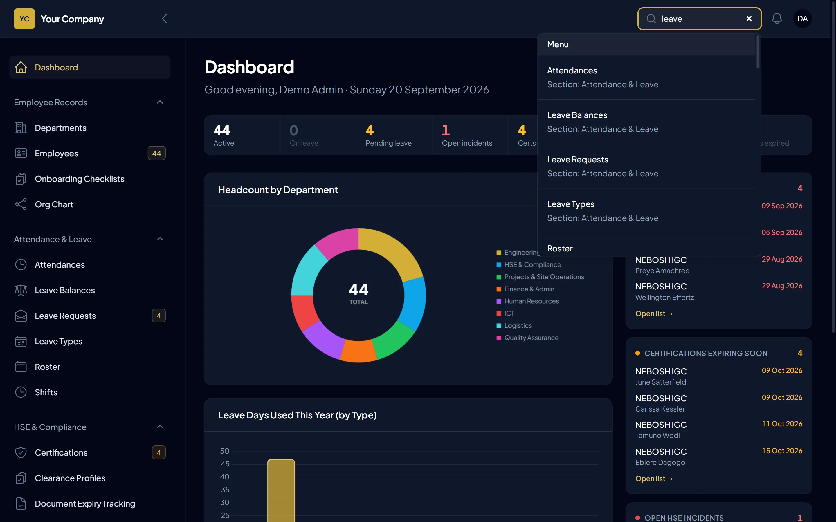 The global search open on the dashboard, listing matching pages